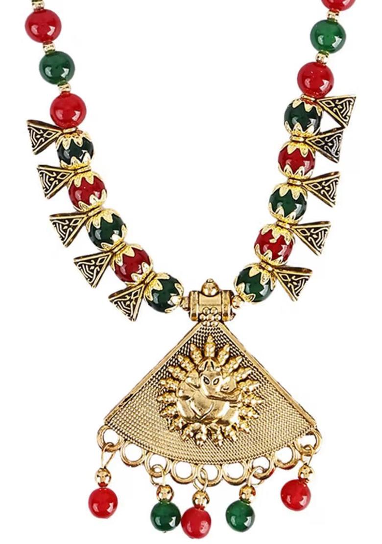 Red And Green Beads Triangle Ganesh Pendant Necklace For Women