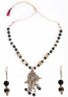 Black And Golden Beads Morpankh With Flute Pendant Necklace For Women