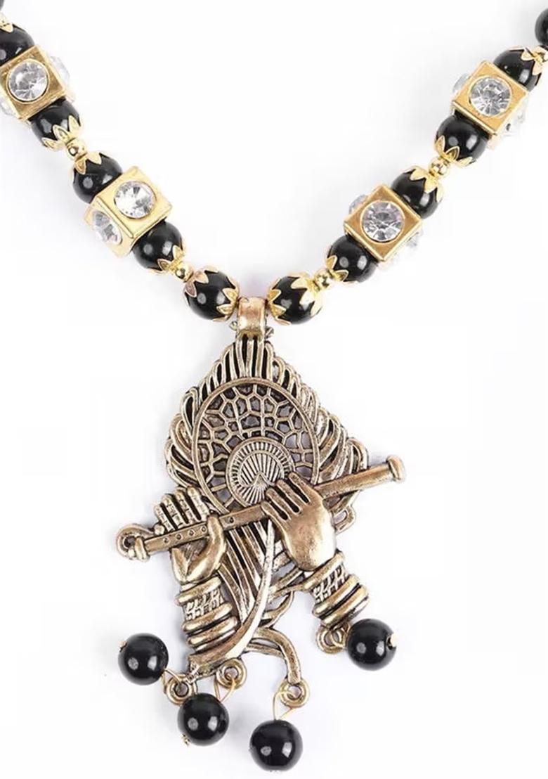 Black And Golden Beads Morpankh With Flute Pendant Necklace For Women
