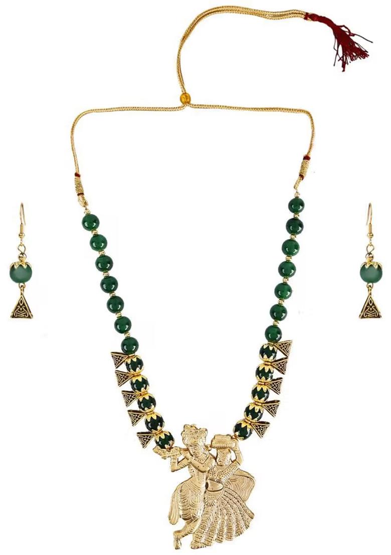 Green And Triangle Beads Radha Krishna Pendant Necklace For Women