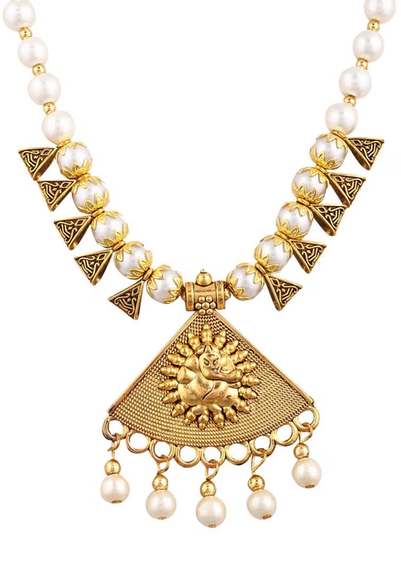 White Beads Triangle Ganesh Pendant Necklace For Women