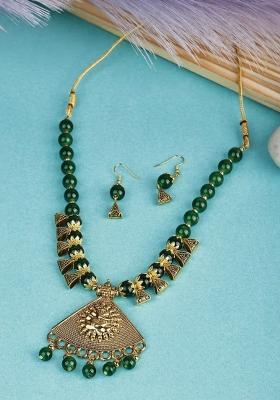 Green Beads Triangle Ganesh Pendant Necklace For Women