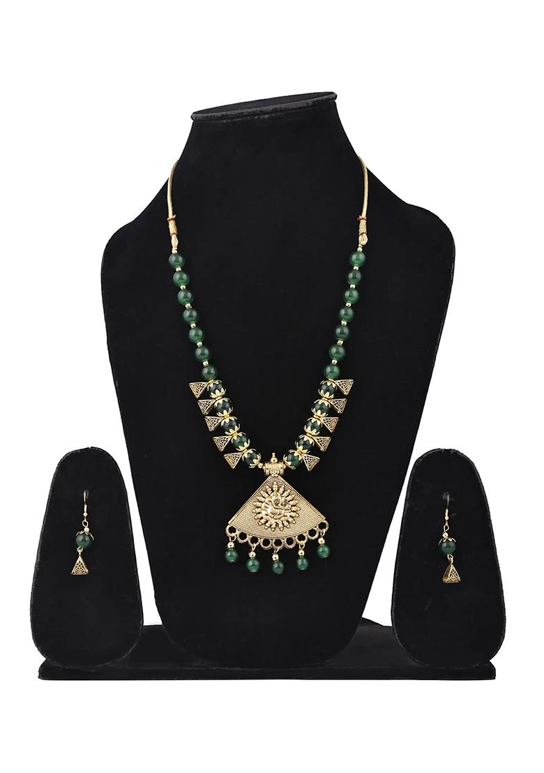 Green Beads Triangle Ganesh Pendant Necklace For Women