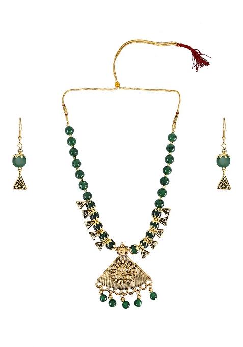 Green Beads Triangle Ganesh Pendant Necklace For Women
