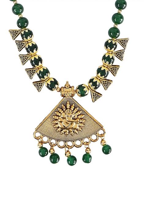 Green Beads Triangle Ganesh Pendant Necklace For Women