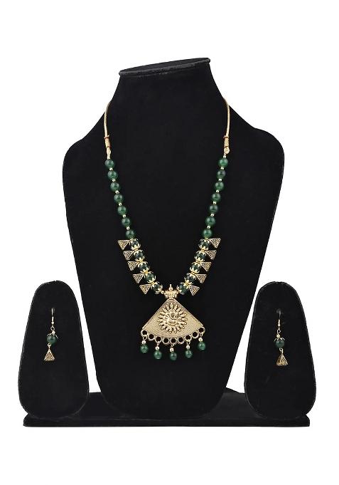 Green Beads Triangle Ganesh Pendant Necklace For Women