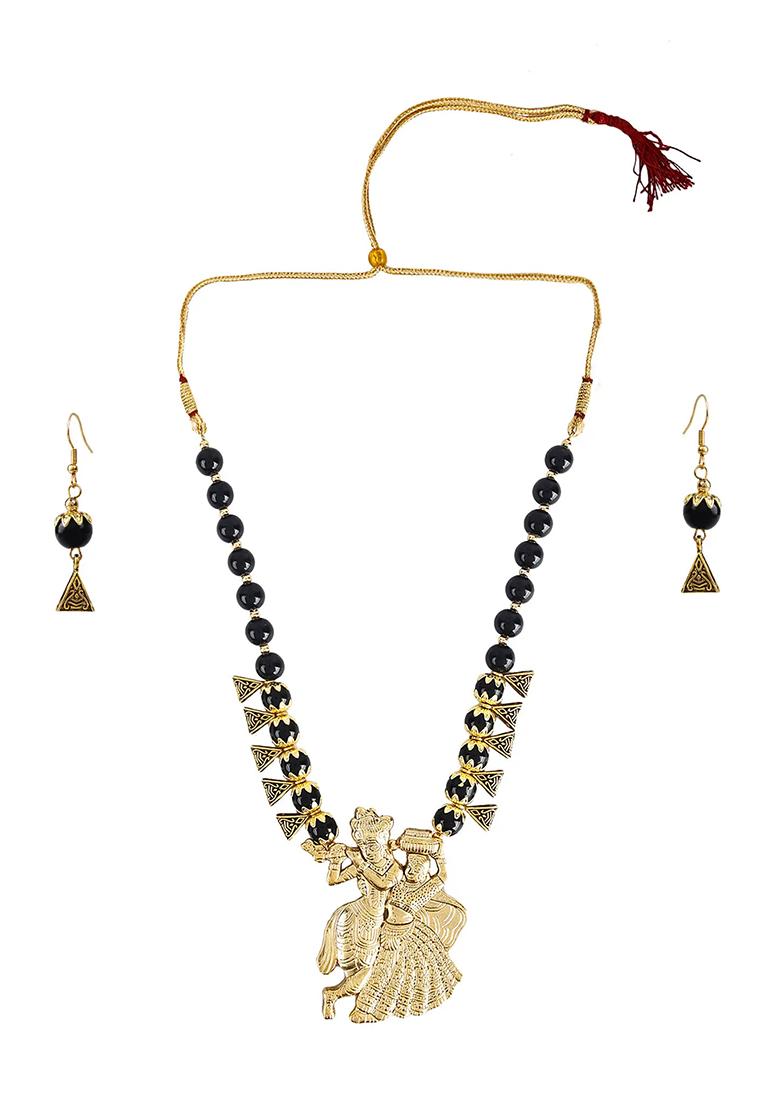 Black And Triangle Beads Radha Krishna Pendant Necklace For Women