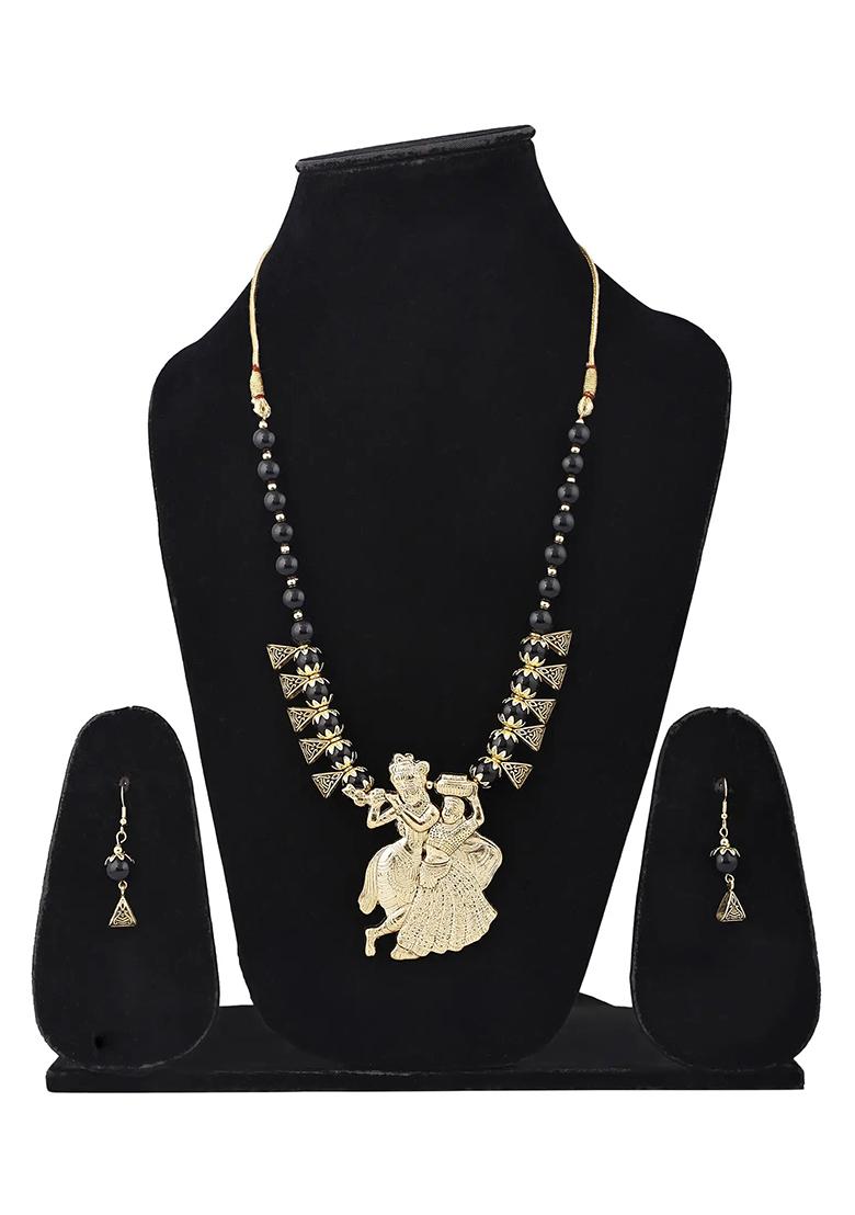 Black And Triangle Beads Radha Krishna Pendant Necklace For Women