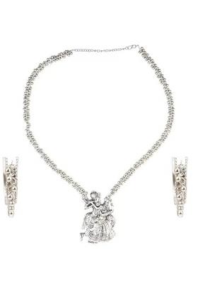 Oxidised Radha Krishna Necklace With Ghunghroo And Bali Earrings For Women