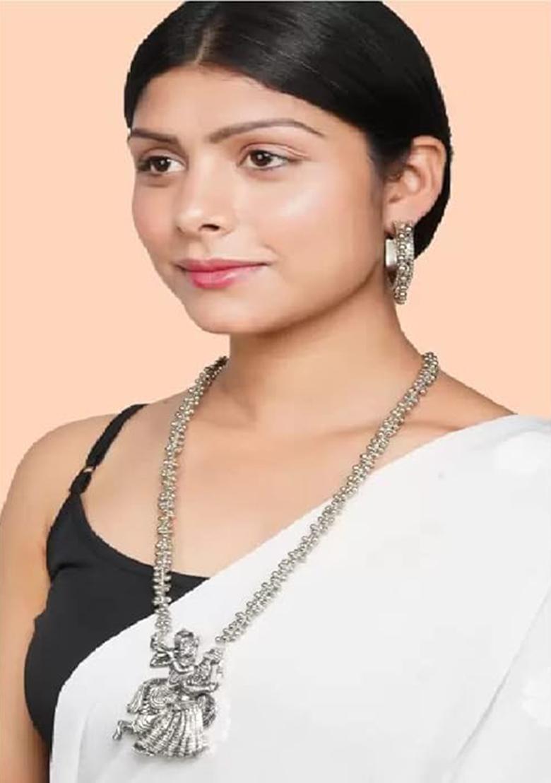 Oxidised Radha Krishna Necklace With Ghunghroo And Bali Earrings For Women