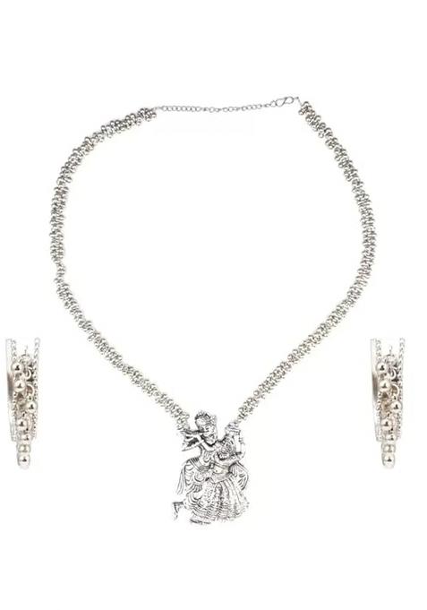 Oxidised Radha Krishna Necklace With Ghunghroo And Bali Earrings For Women