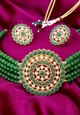 Green And Golden Round Center Choker Necklace For Women