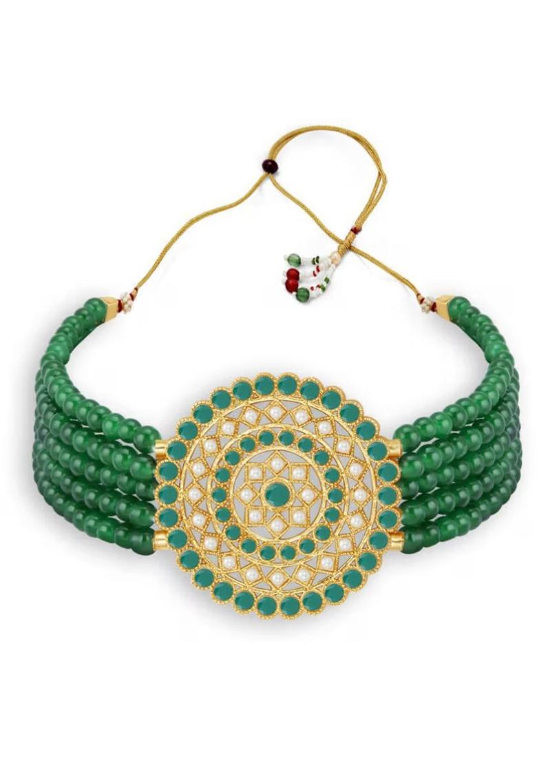 Green And Golden Round Center Choker Necklace For Women