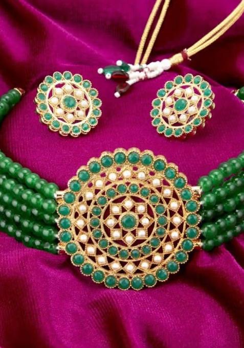 Green And Golden Round Center Choker Necklace For Women