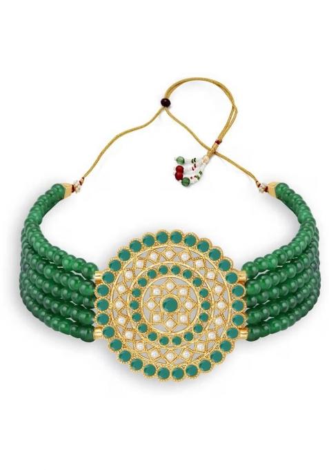 Green And Golden Round Center Choker Necklace For Women