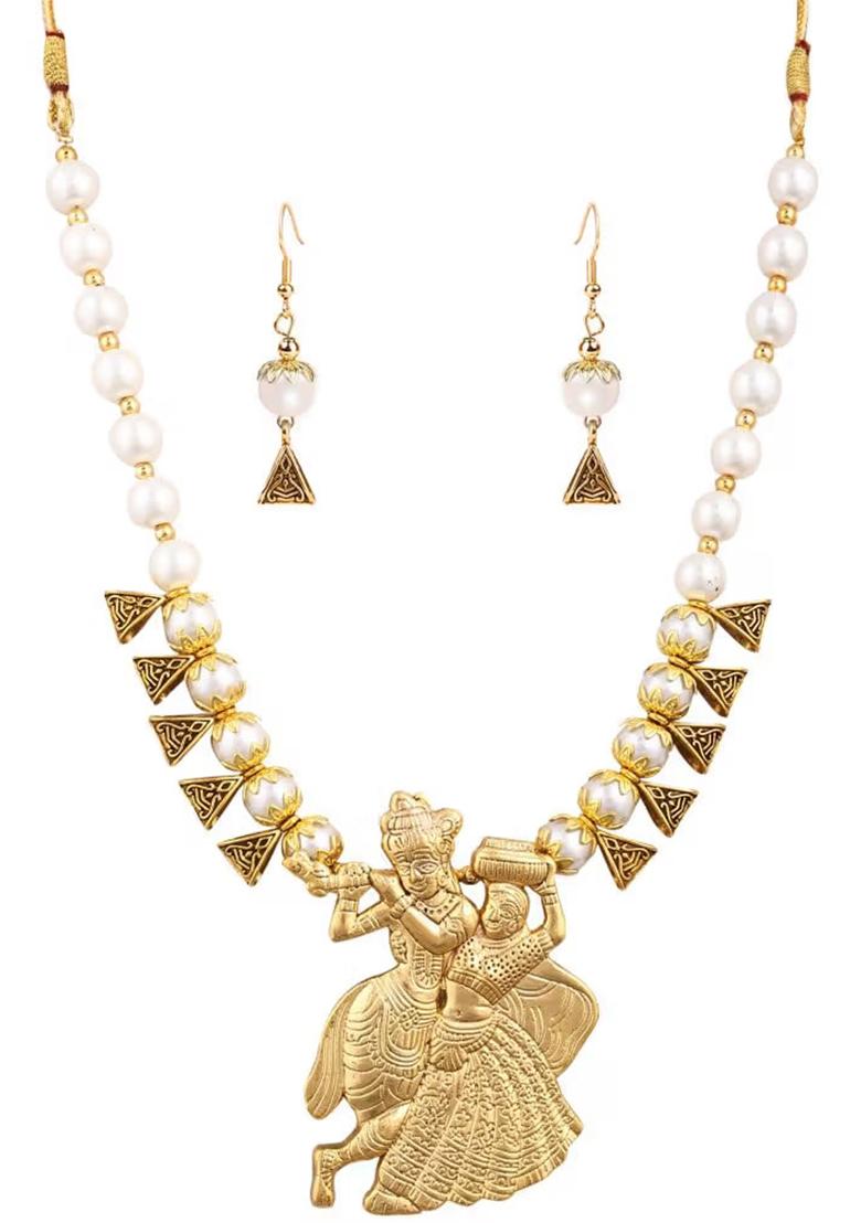 Cream Golden Triangle Beads Radha Krishna Pendant Necklace For Women