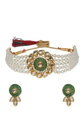 White Beads Choker With Green Drop Pendant Center For Women