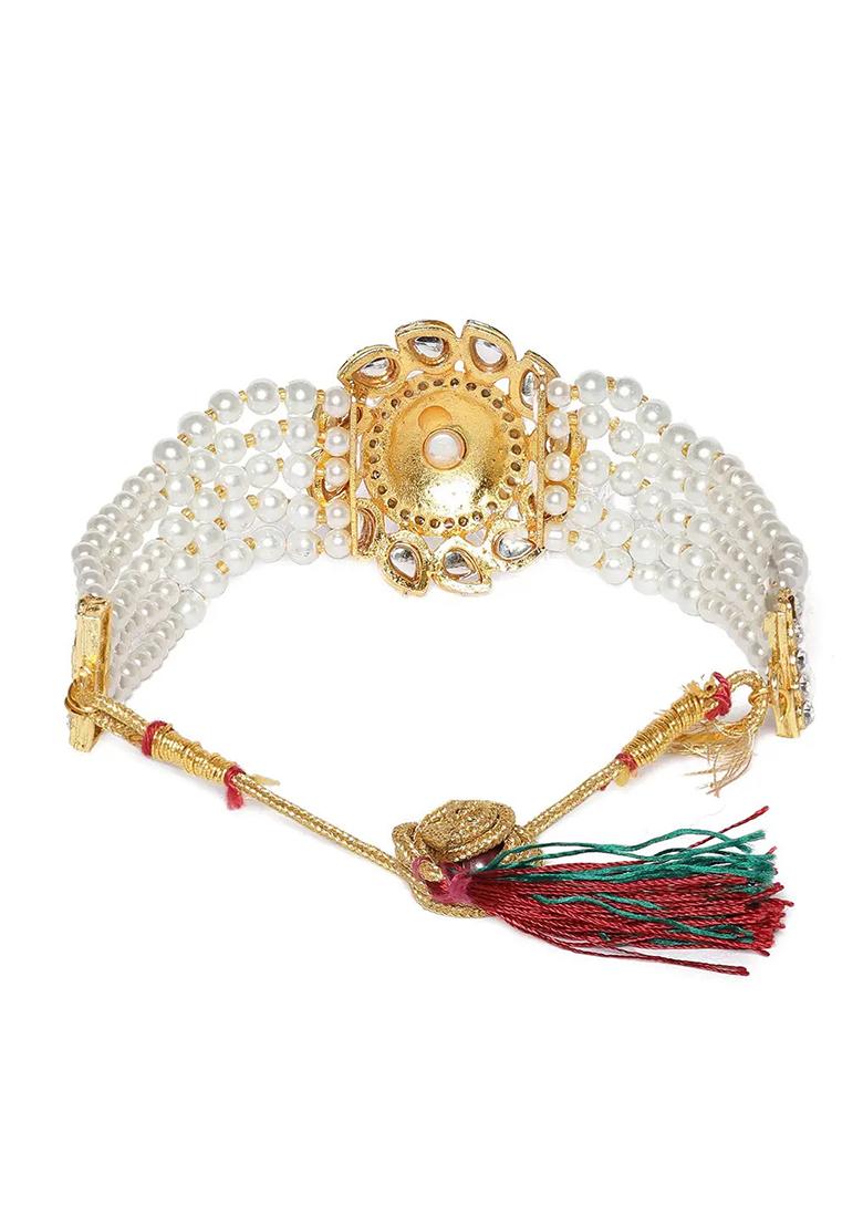 White Beads Choker With Green Drop Pendant Center For Women