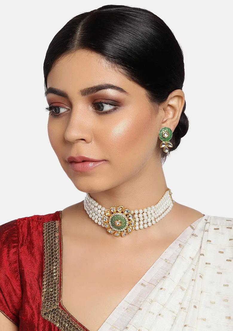 White Beads Choker With Green Drop Pendant Center For Women