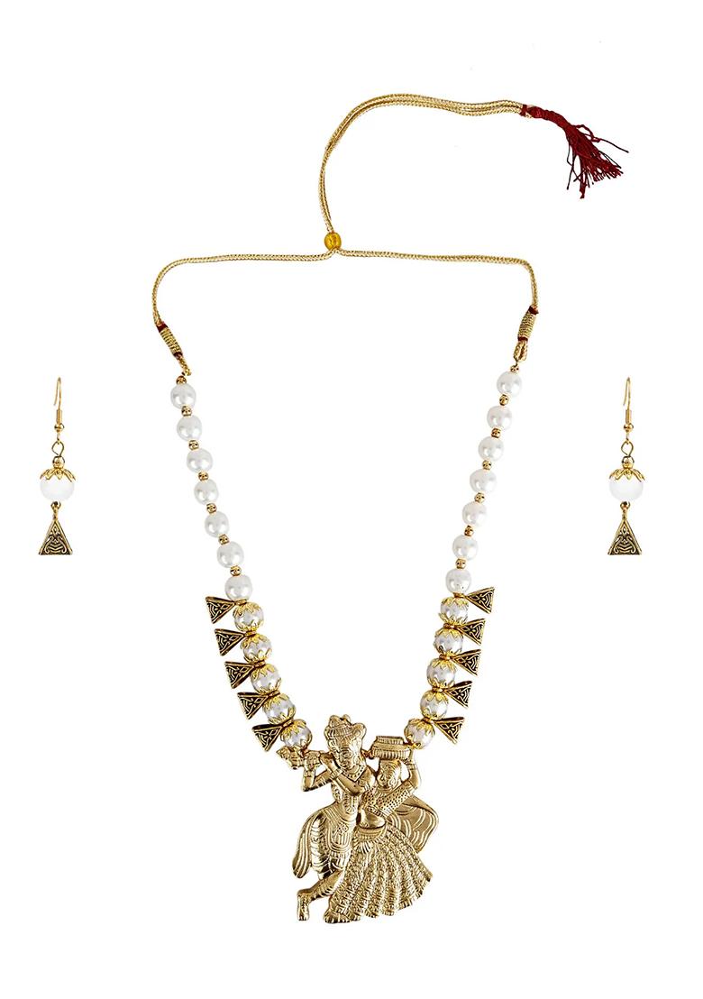 White And Triangle Beads Radha Krishna Pendant Necklace For Women
