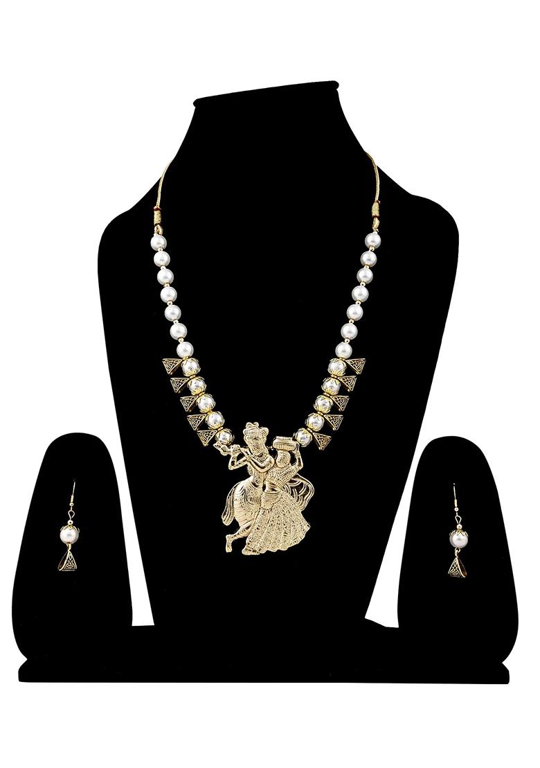 White And Triangle Beads Radha Krishna Pendant Necklace For Women