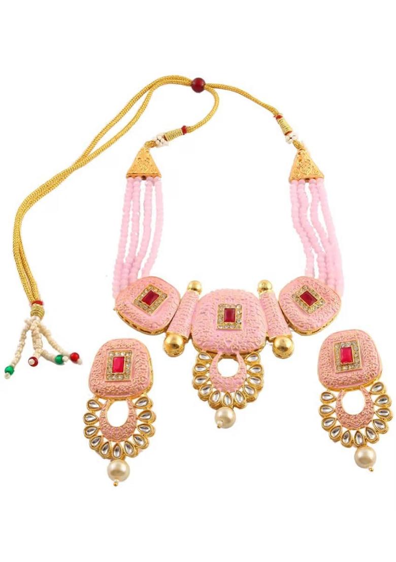 Pink Square Stone Choker Necklace Set For Women