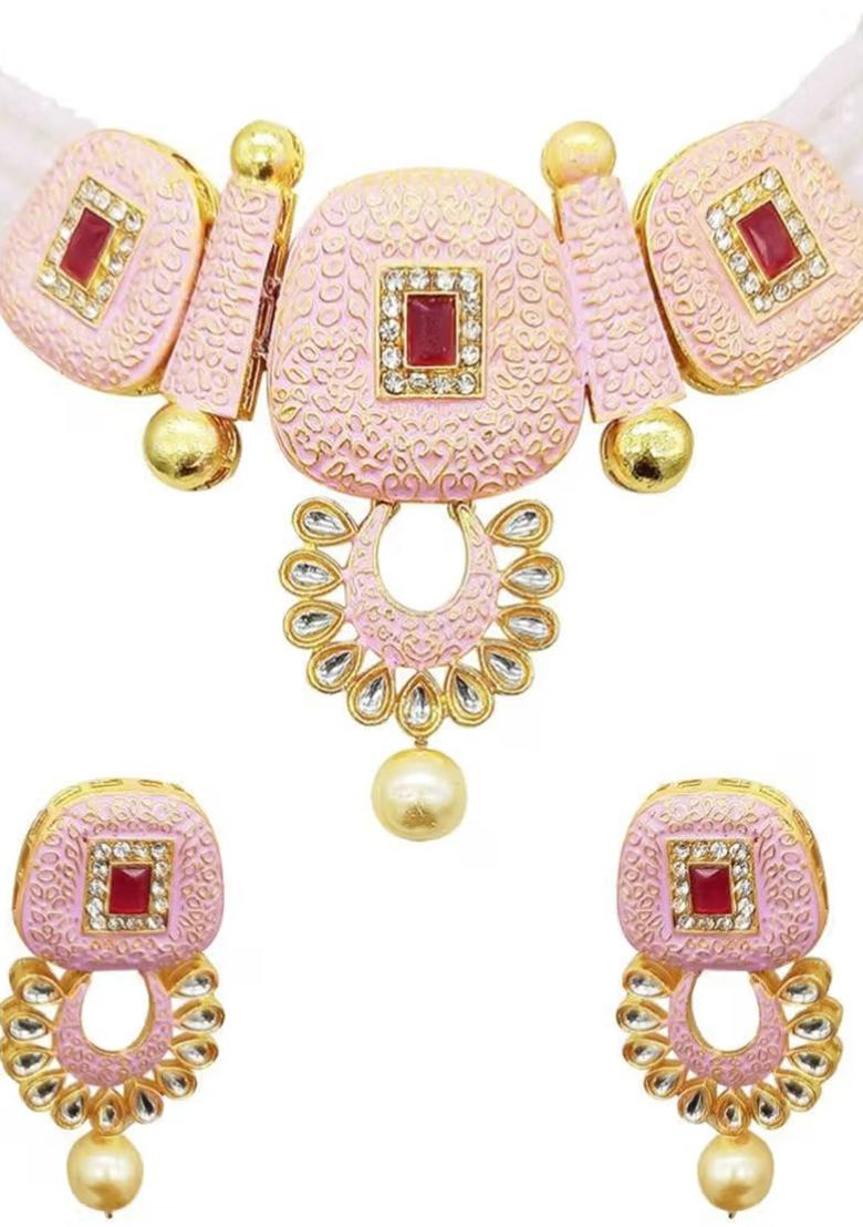 Pink Square Stone Choker Necklace Set For Women
