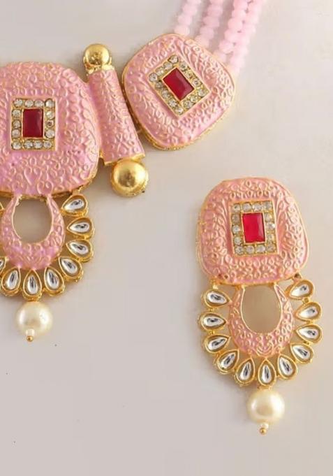 Pink Square Stone Choker Necklace Set For Women