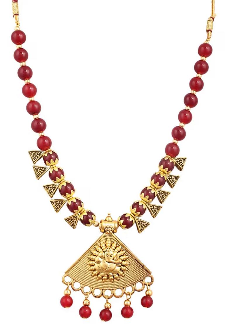 Maroon Beads Triangle Ganesh Pendant Necklace For Women
