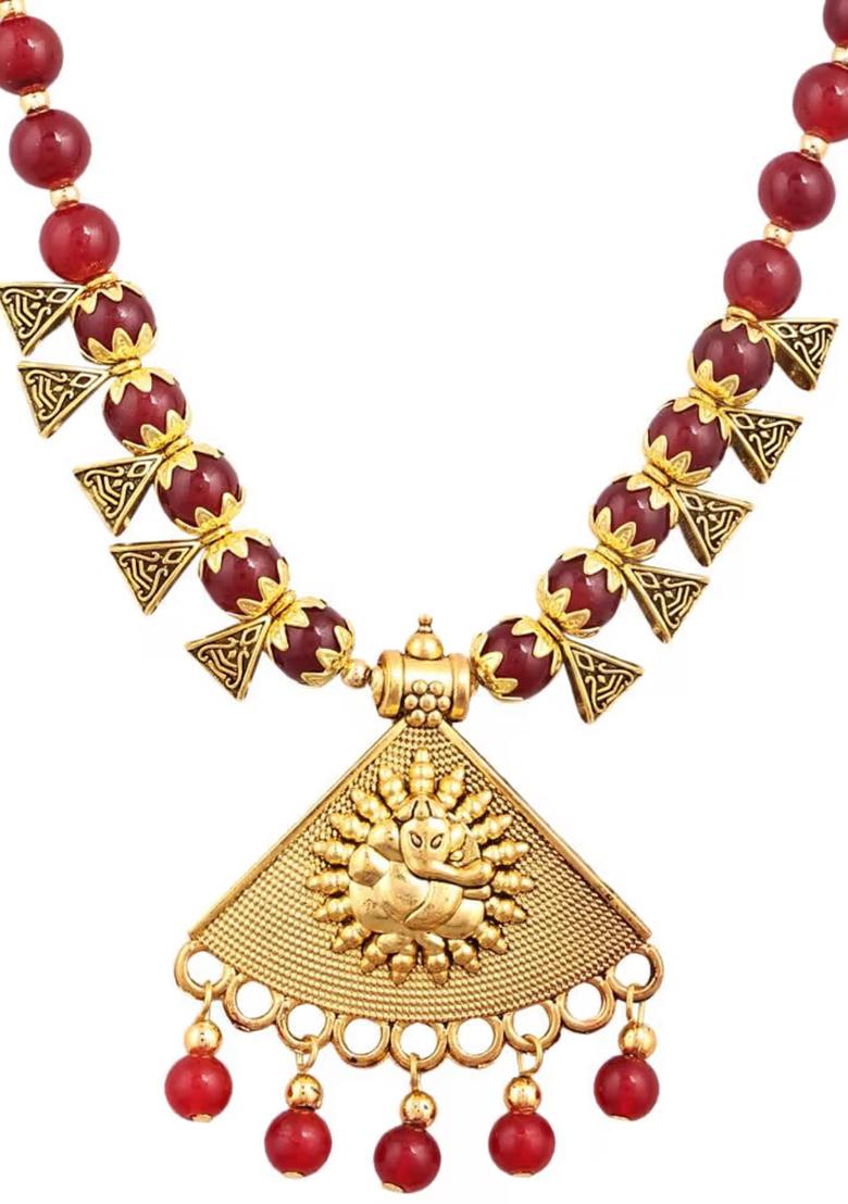 Maroon Beads Triangle Ganesh Pendant Necklace For Women