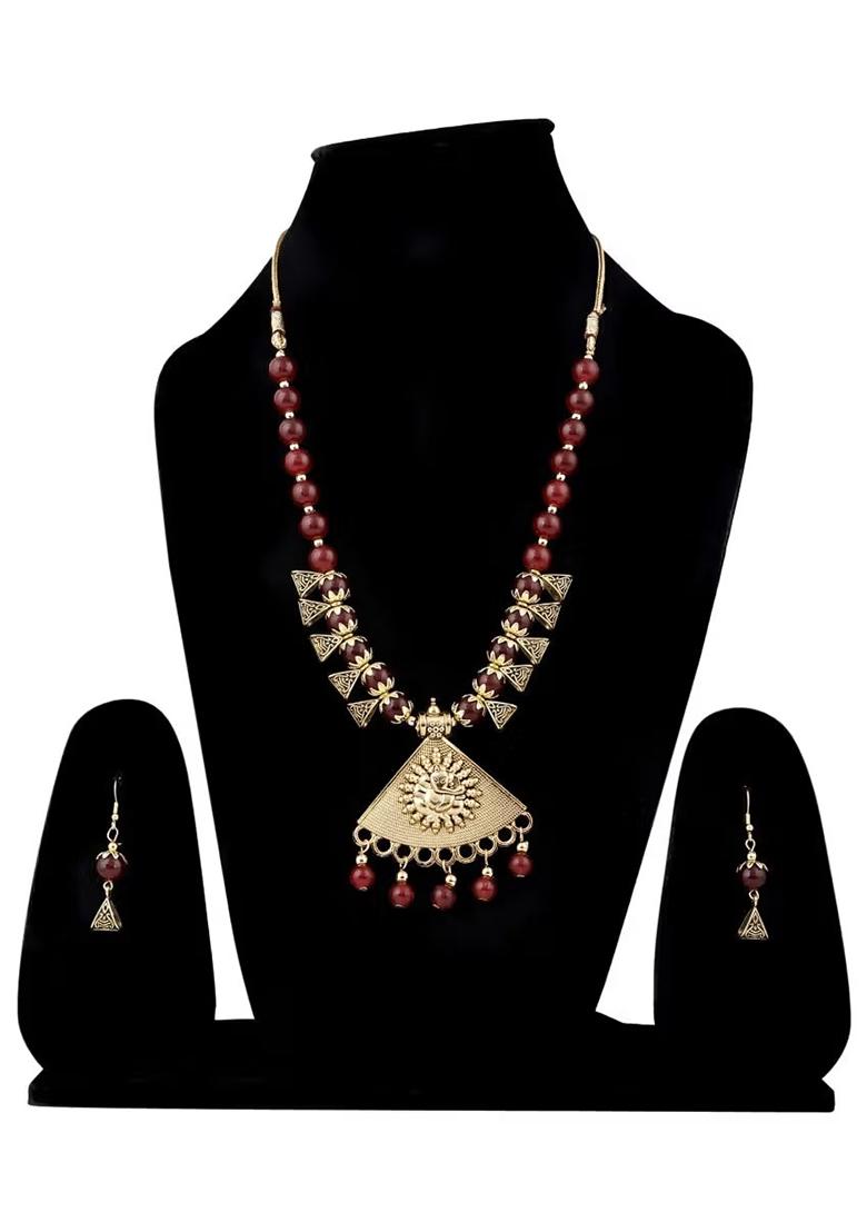Maroon Beads Triangle Ganesh Pendant Necklace For Women