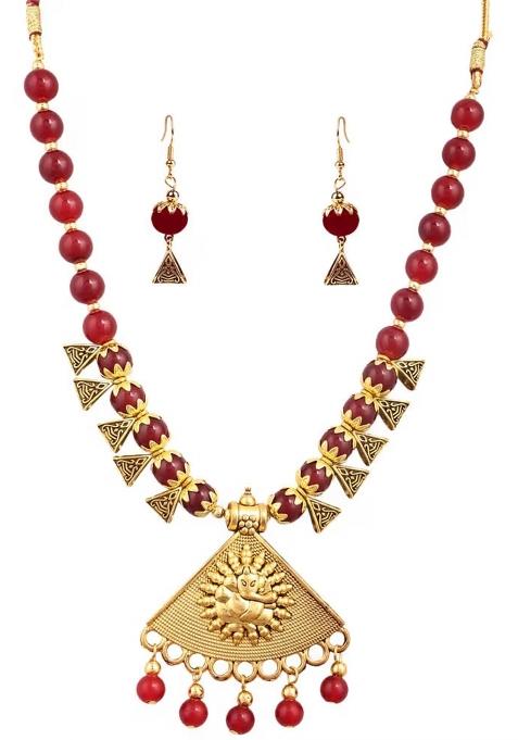 Maroon Beads Triangle Ganesh Pendant Necklace For Women