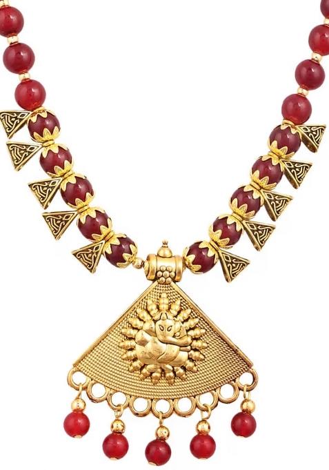 Maroon Beads Triangle Ganesh Pendant Necklace For Women