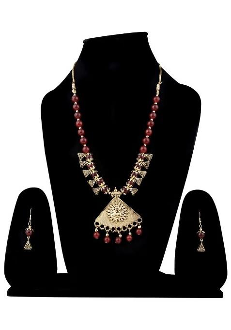Maroon Beads Triangle Ganesh Pendant Necklace For Women