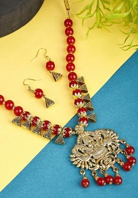 Red Beads Triangle Laxmi Pendant Necklace For Women