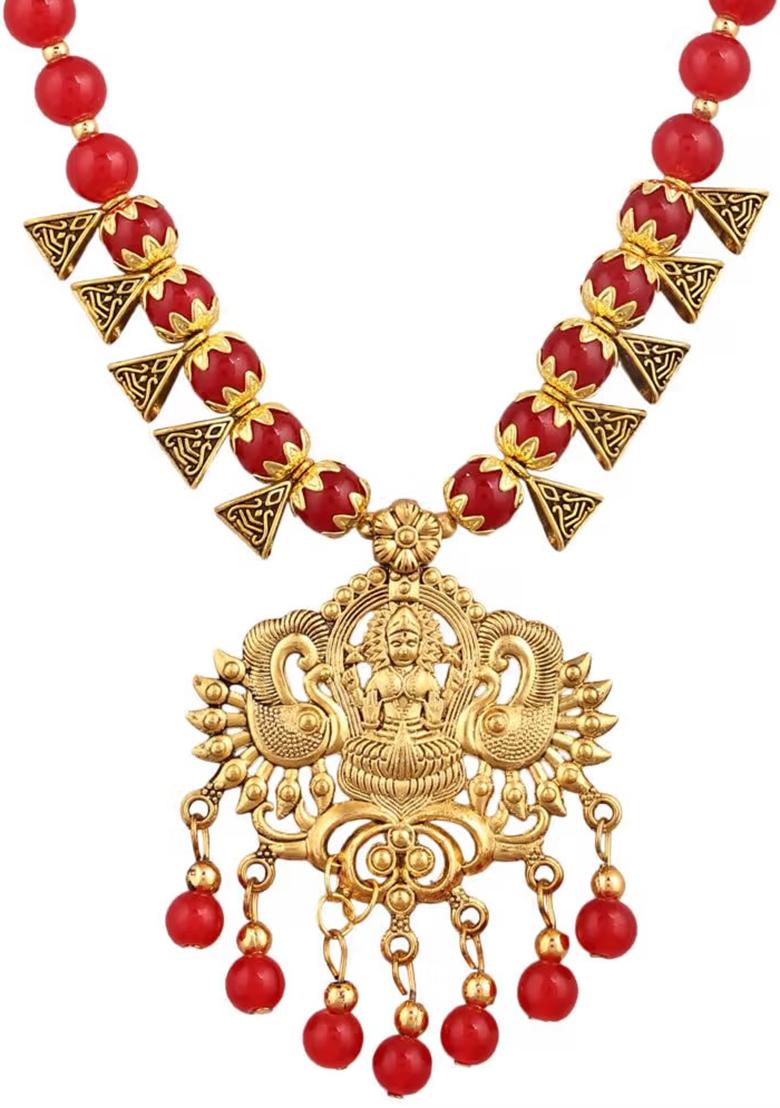 Red Beads Triangle Laxmi Pendant Necklace For Women