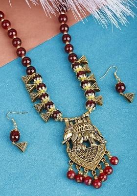 Maroon Beads Elephant Pendant Long Necklace For Women