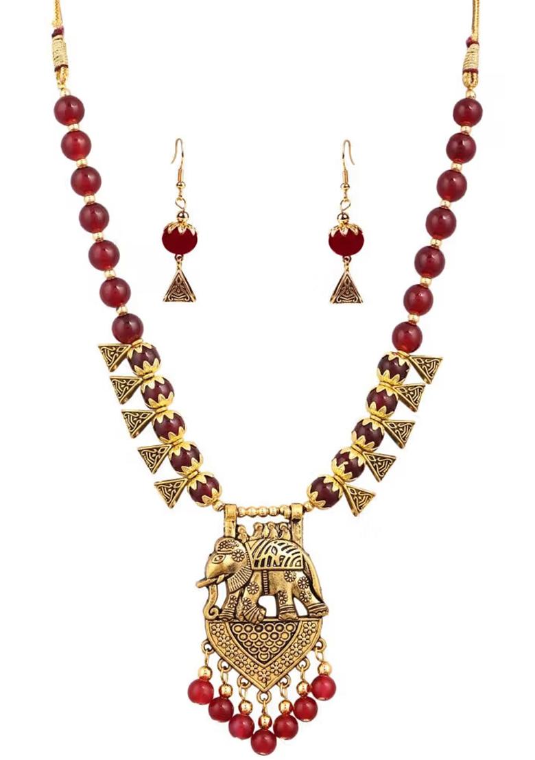 Maroon Beads Elephant Pendant Long Necklace For Women