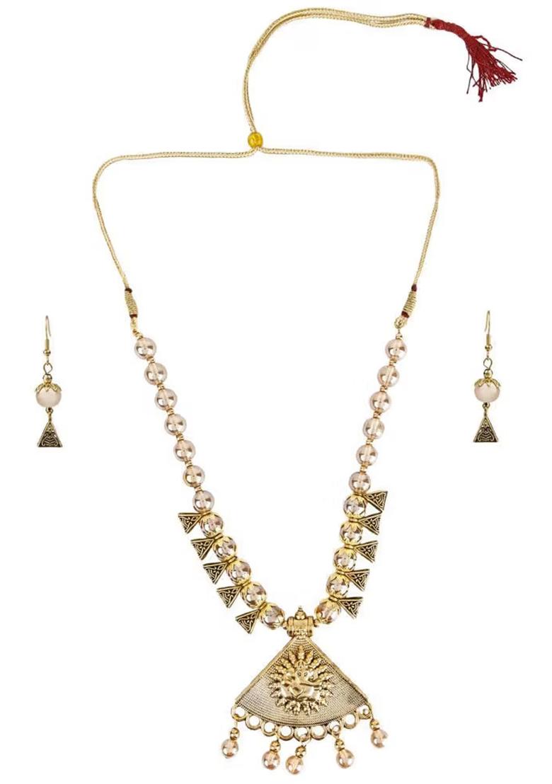 Golden Beads Triangle Ganesh Pendant Necklace For Women