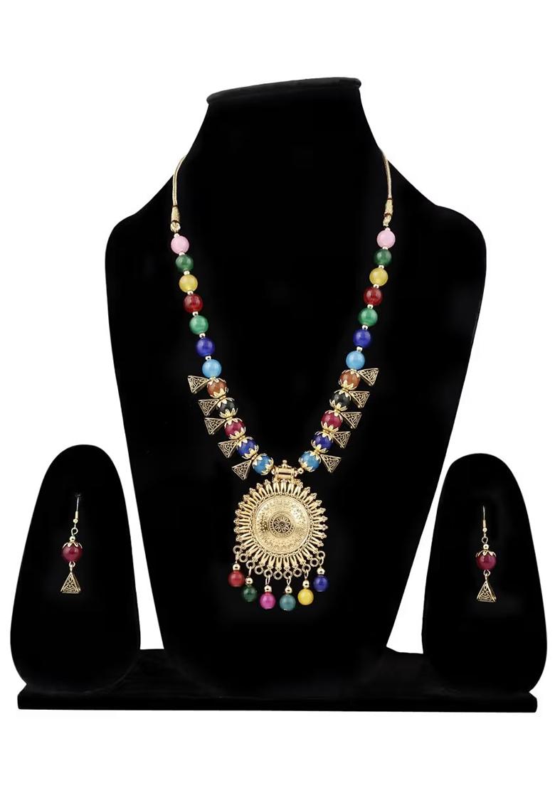 Multi And Triangle Beads Sun Pendant Necklace Set For Women