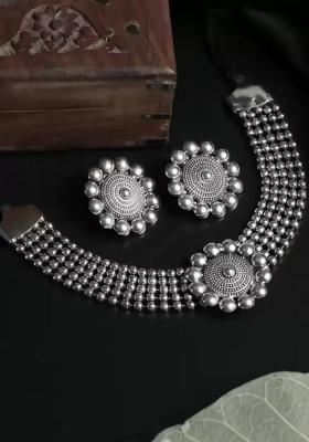 Silver Oxidised Dotted Choker Necklace For Women