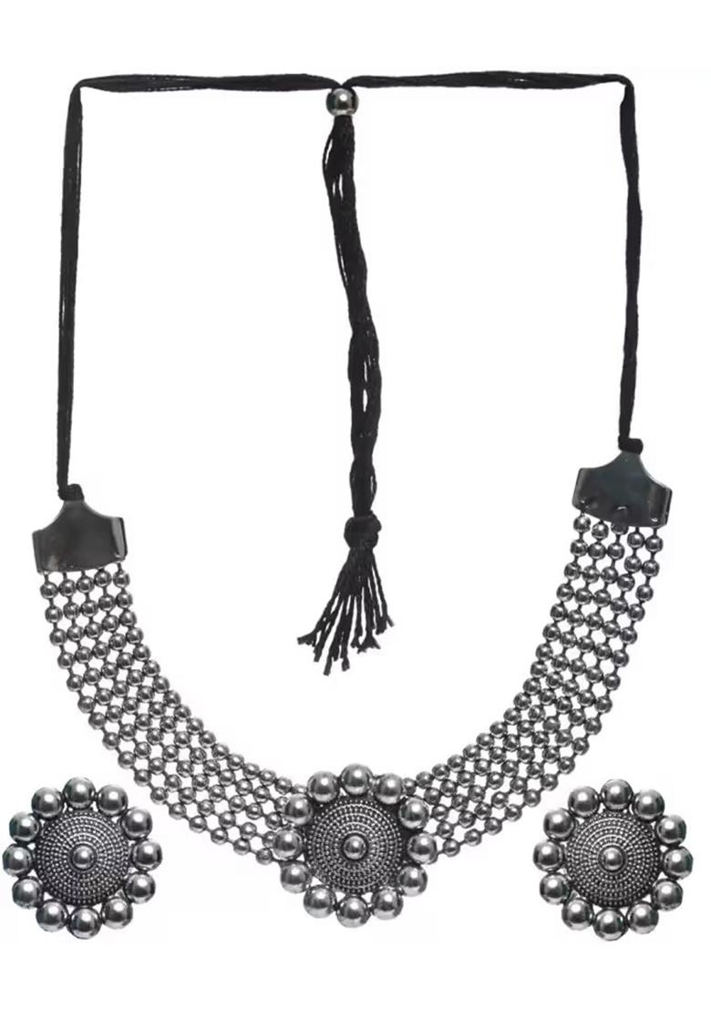 Silver Oxidised Dotted Choker Necklace For Women