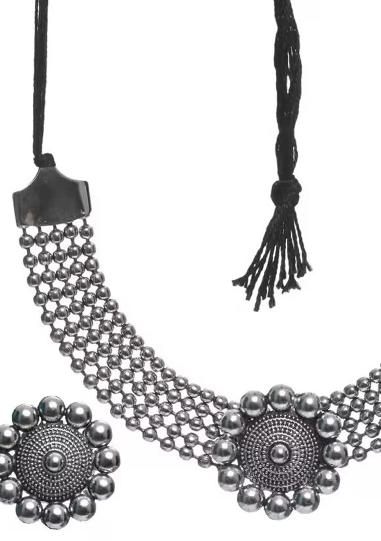Silver Oxidised Dotted Choker Necklace For Women