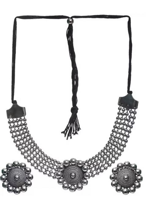 Silver Oxidised Dotted Choker Necklace For Women