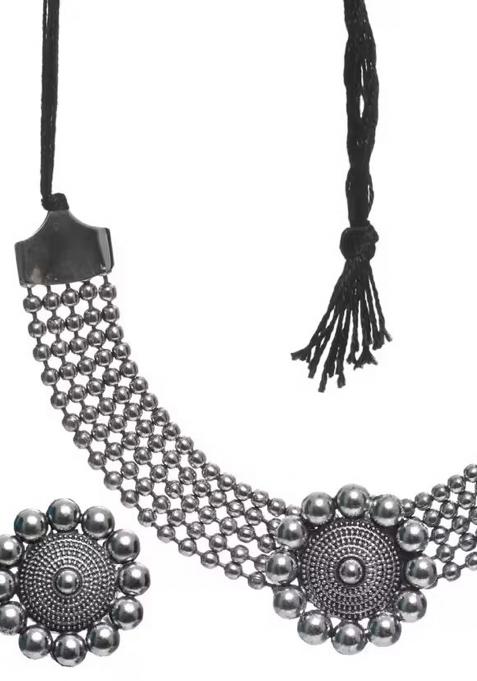 Silver Oxidised Dotted Choker Necklace For Women