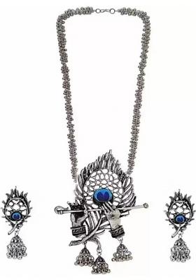 Silver Morpankh Murli Oxidised Necklace With Bracelet Earrings And Ring For Women