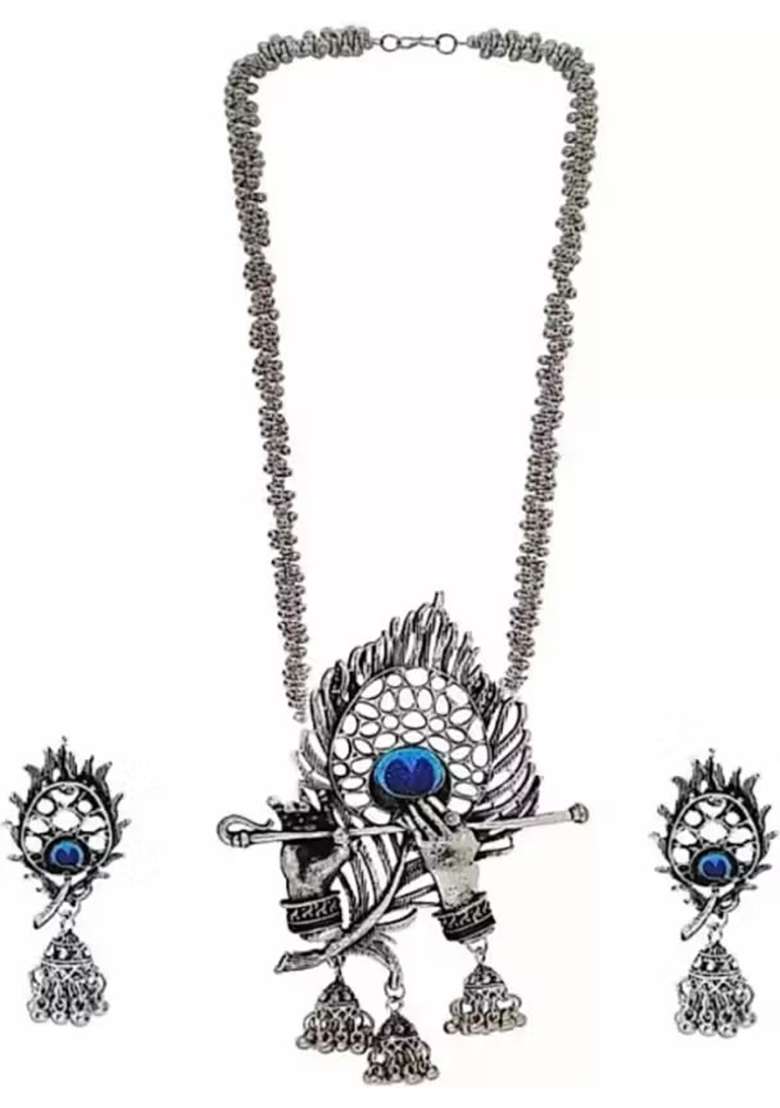 Silver Morpankh Murli Oxidised Necklace With Bracelet Earrings And Ring For Women - Indya