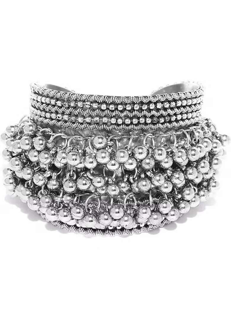 Silver Morpankh Murli Oxidised Necklace With Bracelet Earrings And Ring For Women - Indya