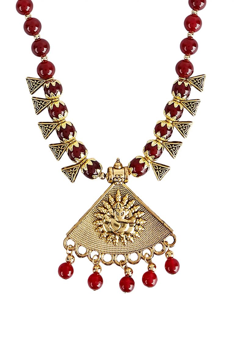 Red Beads Triangle Ganesh Pendant Necklace For Women
