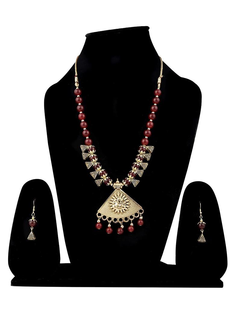 Red Beads Triangle Ganesh Pendant Necklace For Women